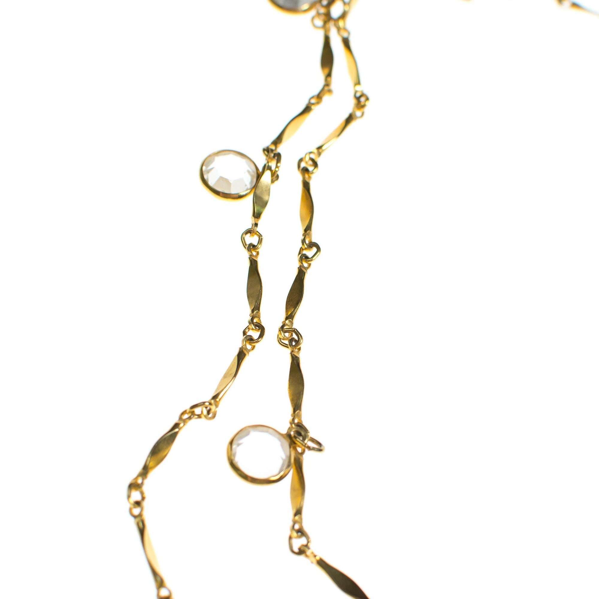 Vintage Bezel Set Crystal and Gold Flat Link Chain Necklace by 1980s - Vintage Meet Modern Vintage Jewelry - Chicago, Illinois - #oldhollywoodglamour #vintagemeetmodern #designervintage #jewelrybox #antiquejewelry #vintagejewelry