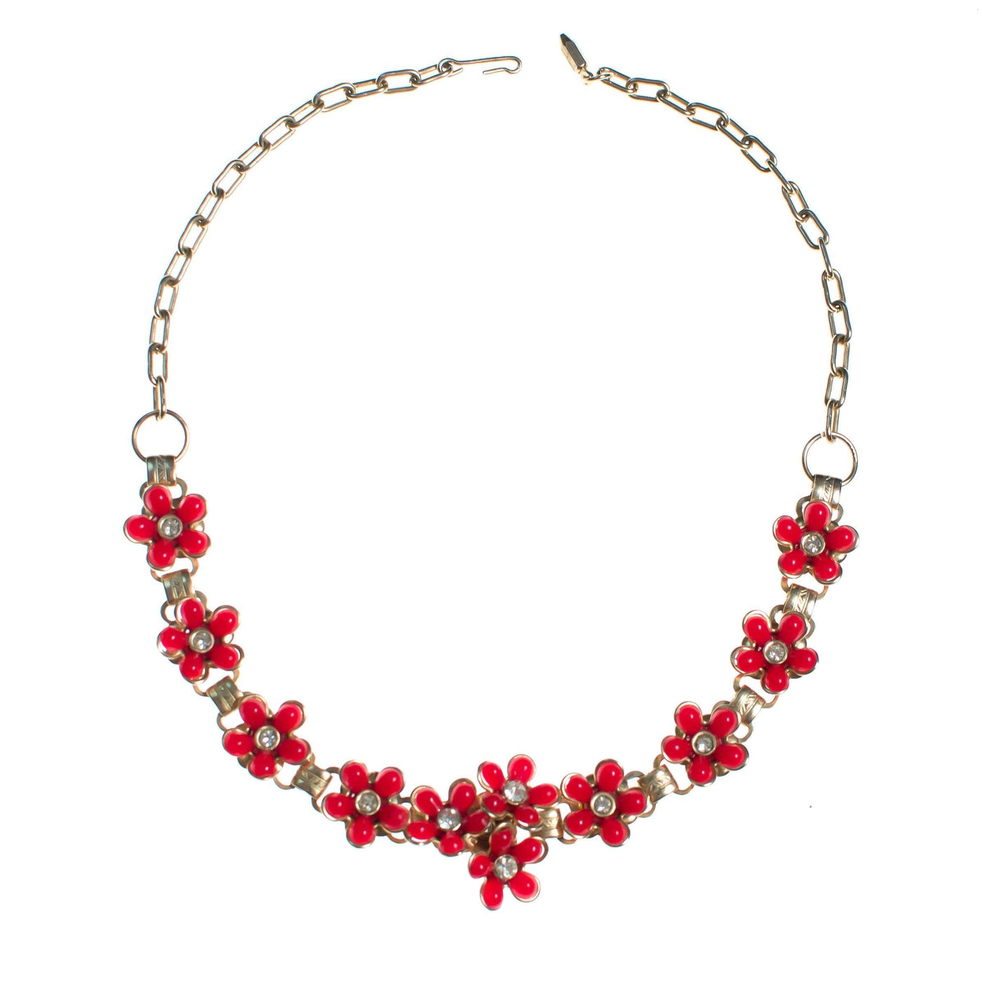 Vintage 1950s Red Daisy with Rhinestones Thermoset Choker Necklace