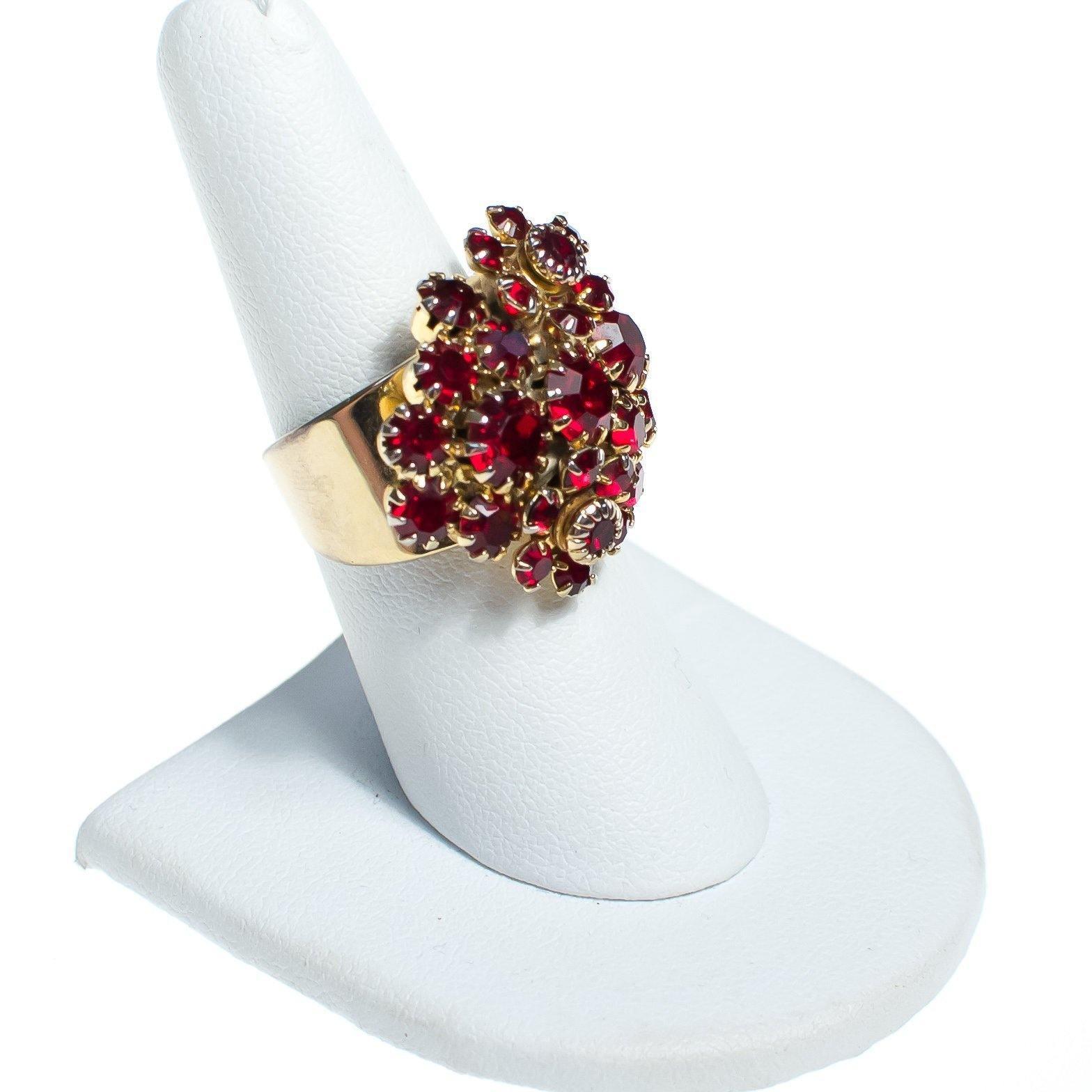 Vintage Red Rhinestone Cluster Statement Ring by 1950s - Vintage Meet Modern Vintage Jewelry - Chicago, Illinois - #oldhollywoodglamour #vintagemeetmodern #designervintage #jewelrybox #antiquejewelry #vintagejewelry