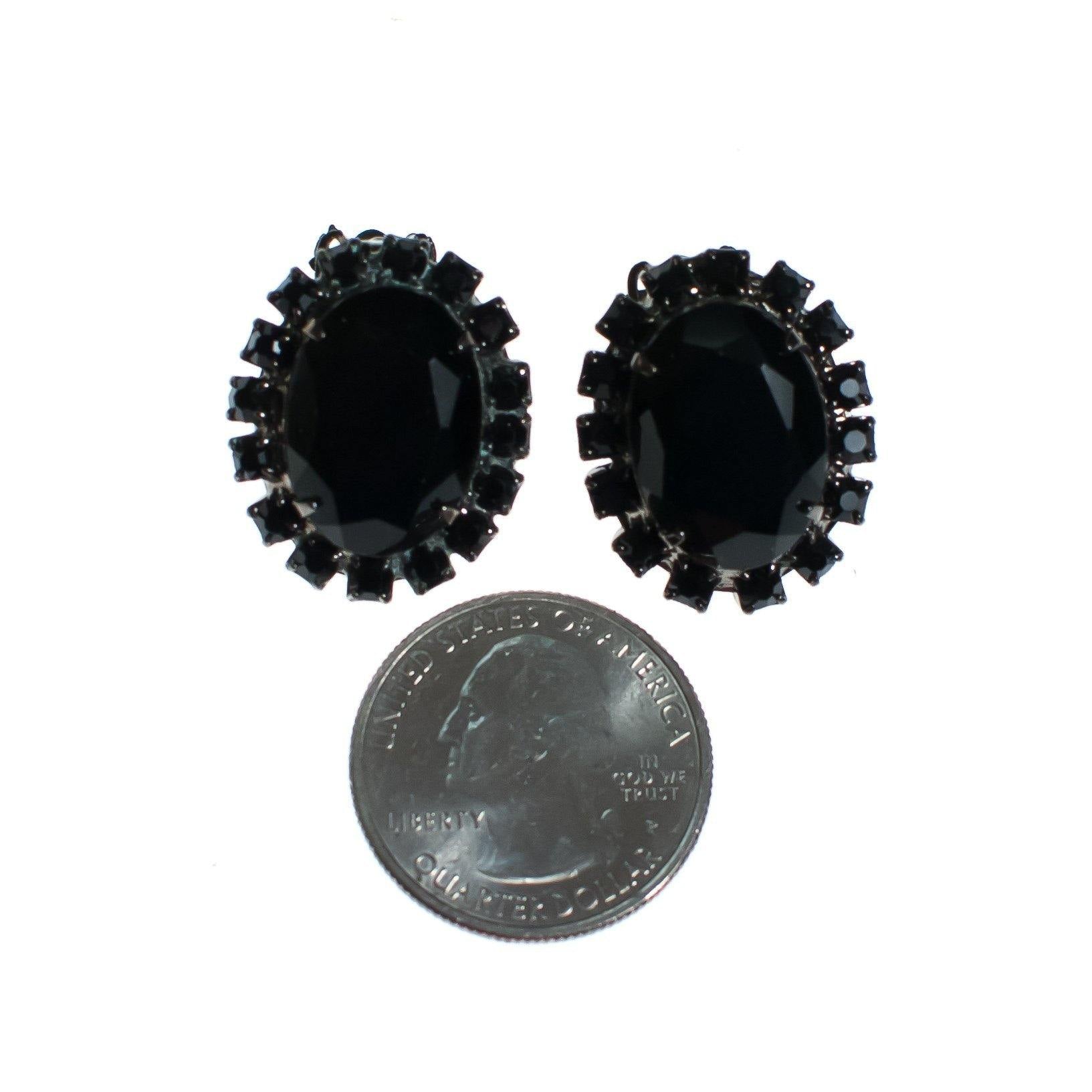 Vintage Jet Black Rhinestone Earrings, Clip-on by 1950s - Vintage Meet Modern Vintage Jewelry - Chicago, Illinois - #oldhollywoodglamour #vintagemeetmodern #designervintage #jewelrybox #antiquejewelry #vintagejewelry