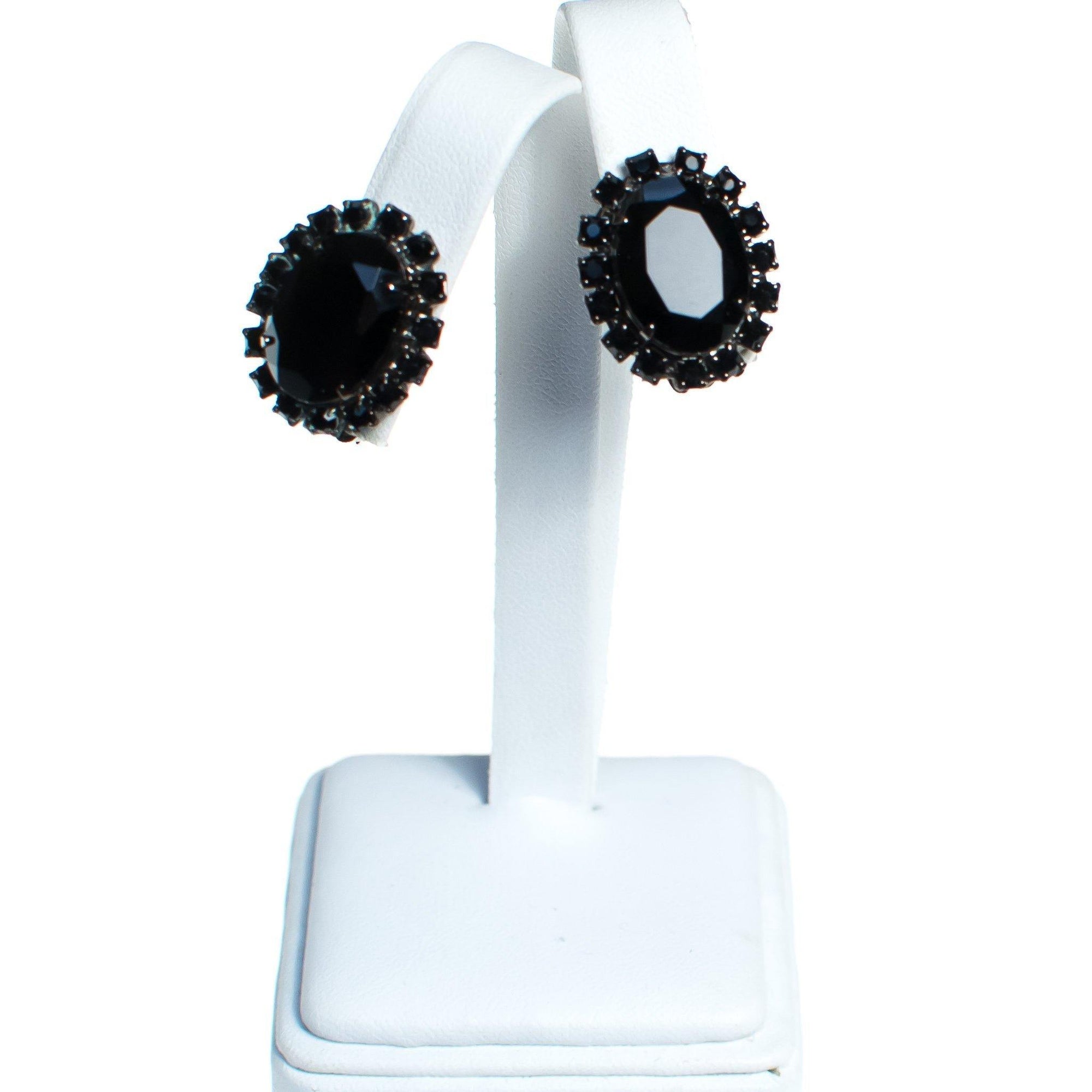 Vintage Jet Black Rhinestone Earrings, Clip-on by 1950s - Vintage Meet Modern Vintage Jewelry - Chicago, Illinois - #oldhollywoodglamour #vintagemeetmodern #designervintage #jewelrybox #antiquejewelry #vintagejewelry