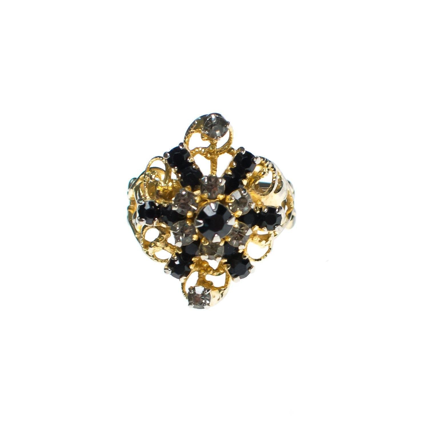 Vintage 1950s Jet and Smoke Diamante Rhinestone Cocktail Statement Ring by 1950s - Vintage Meet Modern Vintage Jewelry - Chicago, Illinois - #oldhollywoodglamour #vintagemeetmodern #designervintage #jewelrybox #antiquejewelry #vintagejewelry