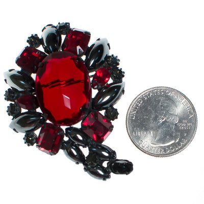 Vintage Weiss Hematite Jet and Red Crystal Rhinestone Brooch by Weiss - Vintage Meet Modern Vintage Jewelry - Chicago, Illinois - #oldhollywoodglamour #vintagemeetmodern #designervintage #jewelrybox #antiquejewelry #vintagejewelry