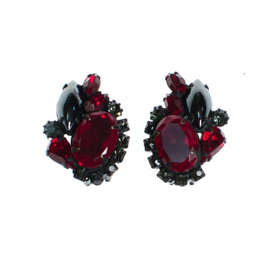 Vintage Weiss Hematite, Jet, and Red Rhinestone Statement Earrings by Weiss - Vintage Meet Modern Vintage Jewelry - Chicago, Illinois - #oldhollywoodglamour #vintagemeetmodern #designervintage #jewelrybox #antiquejewelry #vintagejewelry