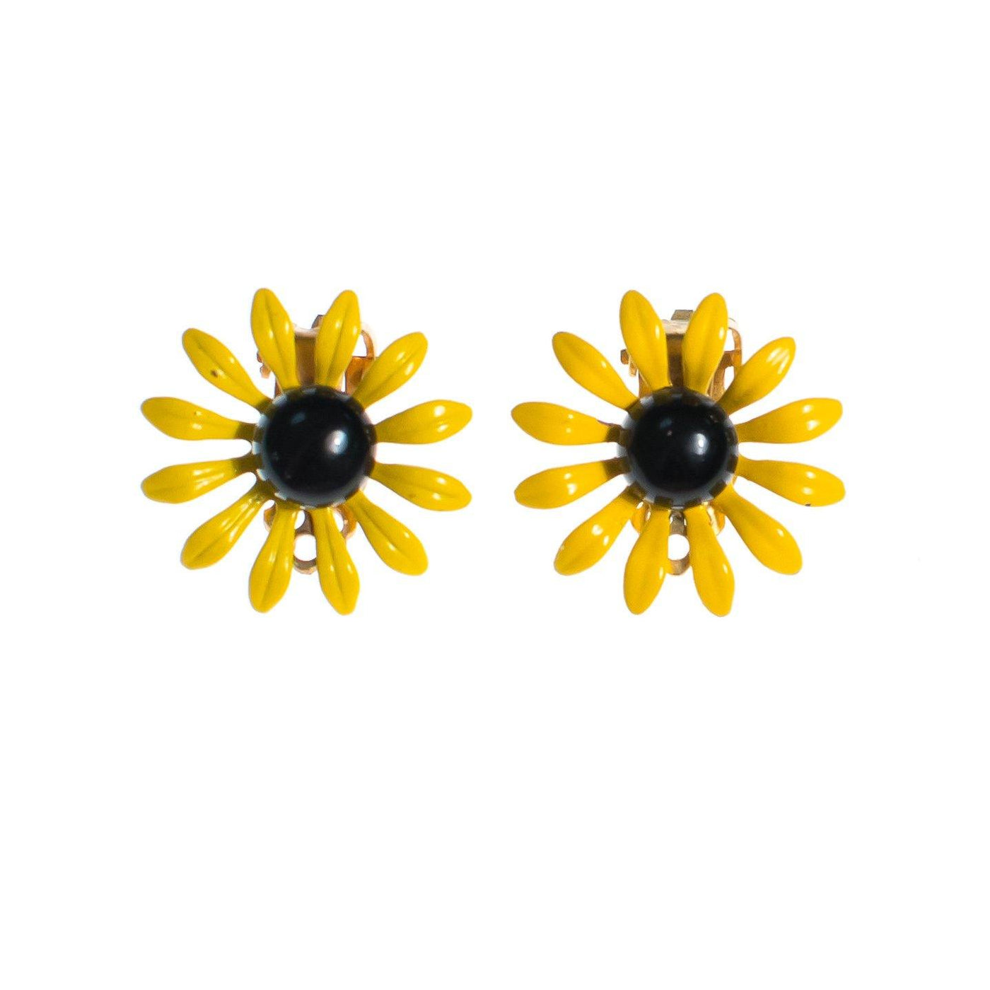 Vintage 1950s Black Eyed Susan Yellow and Black Enamel Flower Statement Earrings