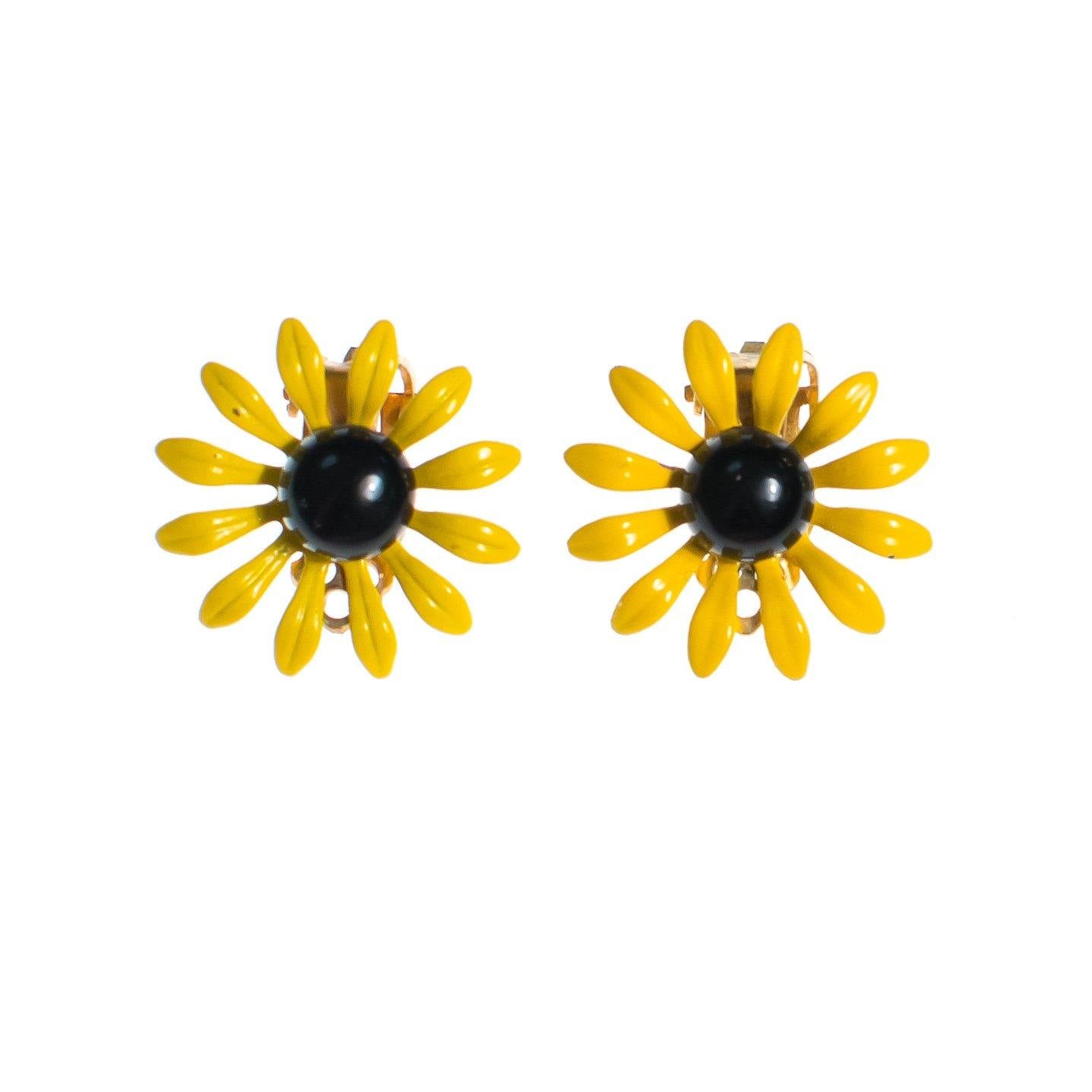 Vintage 1950s Black Eyed Susan Yellow and Black Enamel Flower Statement Earrings by 1950s - Vintage Meet Modern Vintage Jewelry - Chicago, Illinois - #oldhollywoodglamour #vintagemeetmodern #designervintage #jewelrybox #antiquejewelry #vintagejewelry