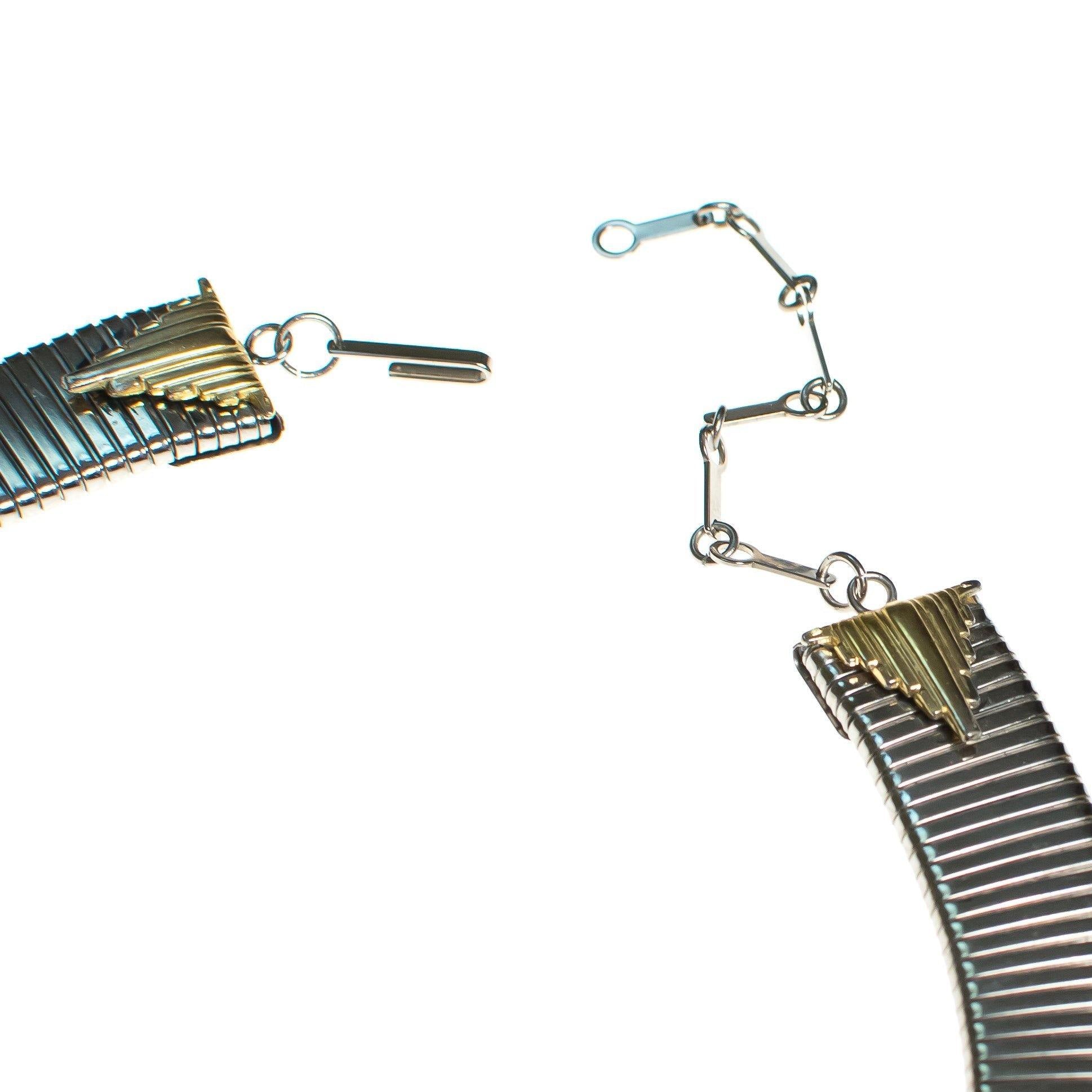 Vintage 1980s Art Deco Inspired Steampunk Collar Necklace in Silver with Gold Accented and Carved Geometric Crystal by 1980s - Vintage Meet Modern Vintage Jewelry - Chicago, Illinois - #oldhollywoodglamour #vintagemeetmodern #designervintage #jewelrybox #antiquejewelry #vintagejewelry