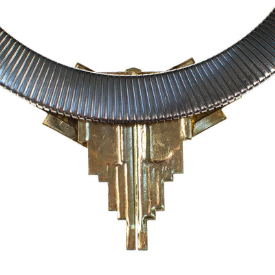 Vintage 1980s Art Deco Inspired Steampunk Collar Necklace in Silver with Gold Accented and Carved Geometric Crystal by 1980s - Vintage Meet Modern Vintage Jewelry - Chicago, Illinois - #oldhollywoodglamour #vintagemeetmodern #designervintage #jewelrybox #antiquejewelry #vintagejewelry