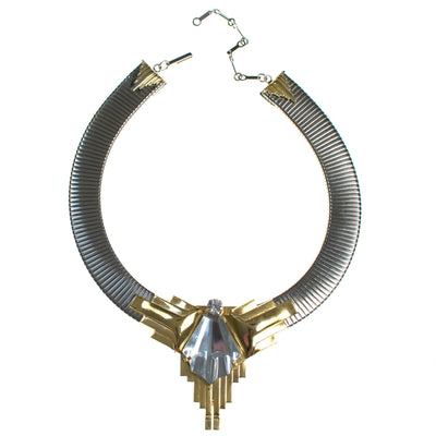 Vintage 1980s Art Deco Inspired Steampunk Collar Necklace in Silver with Gold Accented and Carved Geometric Crystal by 1980s - Vintage Meet Modern Vintage Jewelry - Chicago, Illinois - #oldhollywoodglamour #vintagemeetmodern #designervintage #jewelrybox #antiquejewelry #vintagejewelry