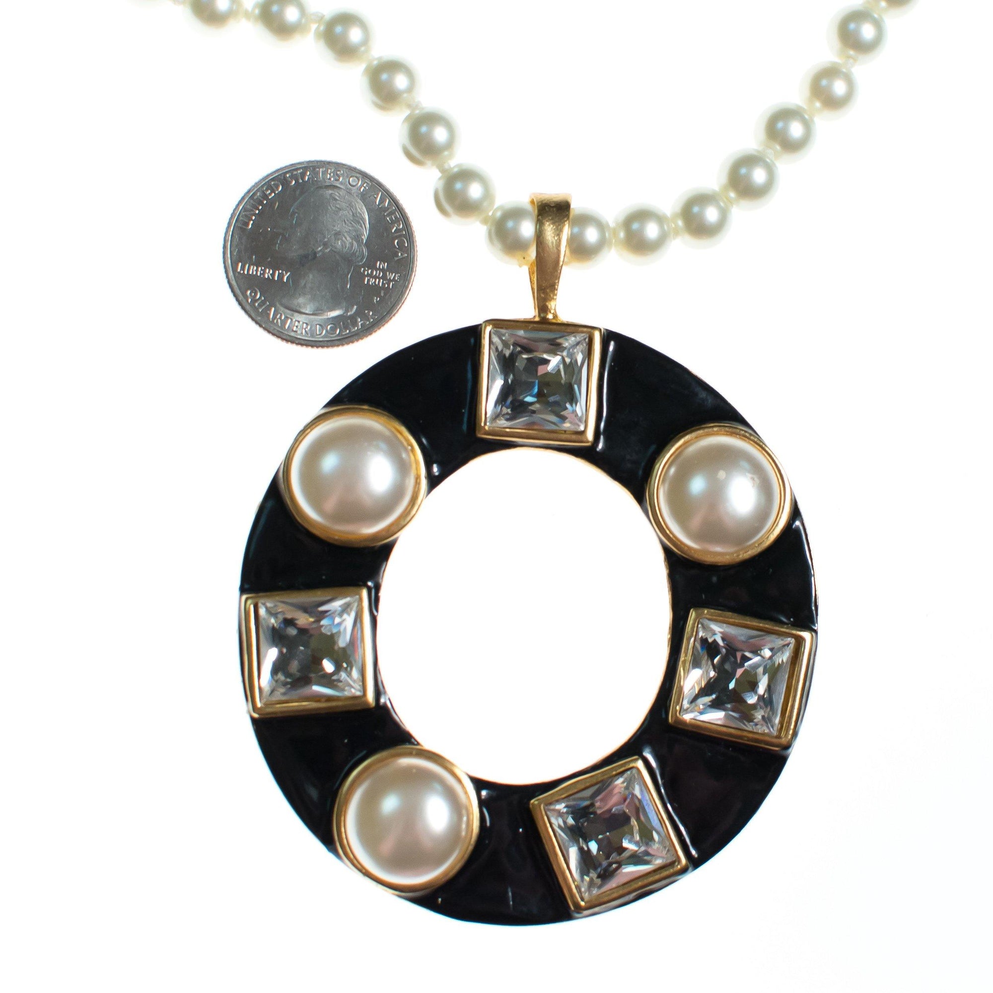 Vintage Kenneth Jay lane Pearl Diamante Crystal and Black Enamel Pendant Statement Necklace by Kenneth Jay lane - Vintage Meet Modern Vintage Jewelry - Chicago, Illinois - #oldhollywoodglamour #vintagemeetmodern #designervintage #jewelrybox #antiquejewelry #vintagejewelry