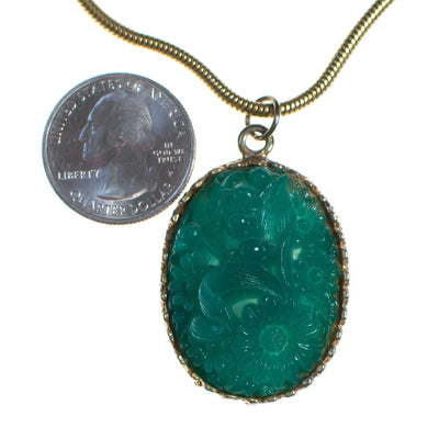 Vintage 1960s Pressed Jade Glass Pendant Statement Necklace by 1960s - Vintage Meet Modern Vintage Jewelry - Chicago, Illinois - #oldhollywoodglamour #vintagemeetmodern #designervintage #jewelrybox #antiquejewelry #vintagejewelry