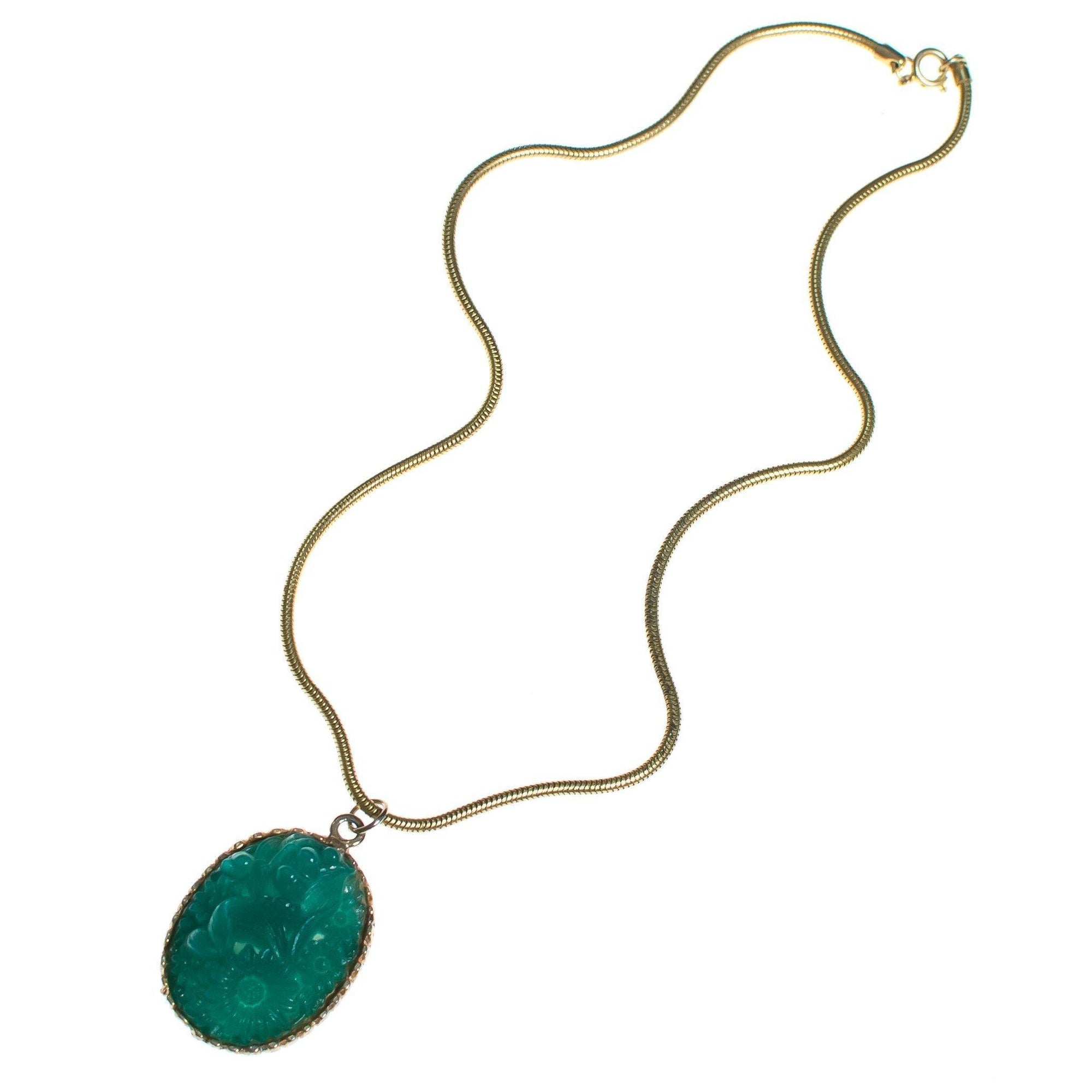 Vintage 1960s Pressed Jade Glass Pendant Statement Necklace by 1960s - Vintage Meet Modern Vintage Jewelry - Chicago, Illinois - #oldhollywoodglamour #vintagemeetmodern #designervintage #jewelrybox #antiquejewelry #vintagejewelry