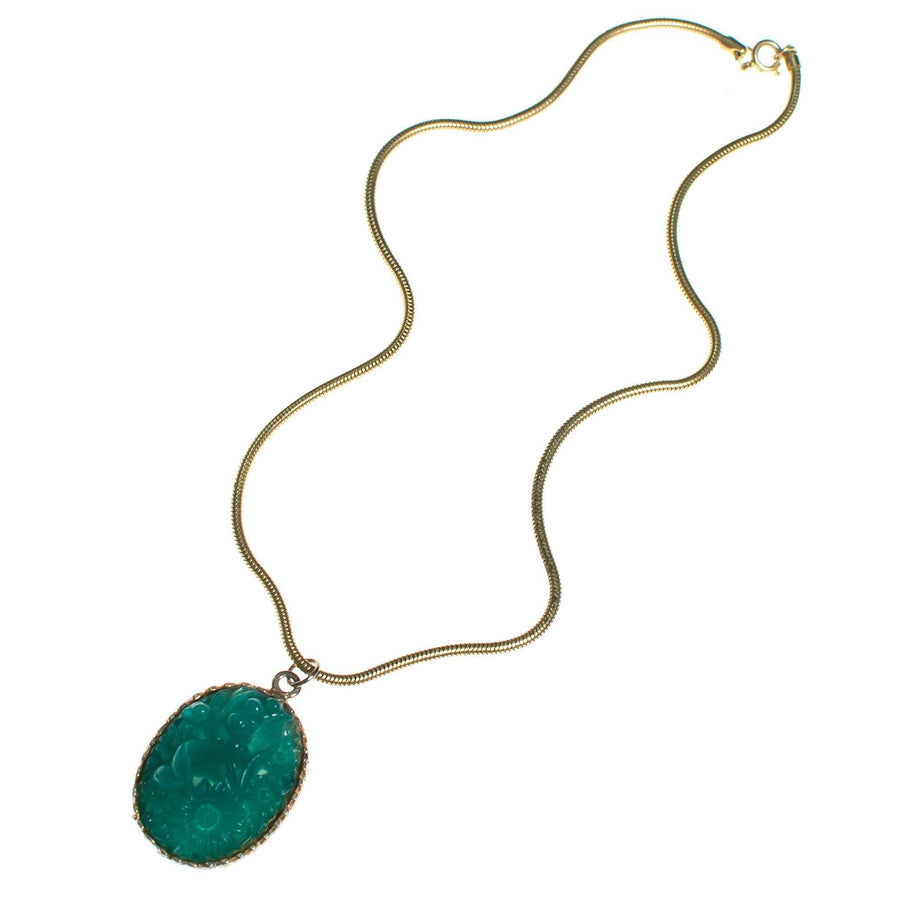 Vintage 1960s Pressed Jade Glass Pendant Statement Necklace by 1960s - Vintage Meet Modern Vintage Jewelry - Chicago, Illinois - #oldhollywoodglamour #vintagemeetmodern #designervintage #jewelrybox #antiquejewelry #vintagejewelry