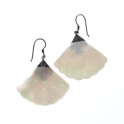 Vintage Mother of Pearl Fan Dangling Earrings with Sterling Silver by 1980s - Vintage Meet Modern Vintage Jewelry - Chicago, Illinois - #oldhollywoodglamour #vintagemeetmodern #designervintage #jewelrybox #antiquejewelry #vintagejewelry