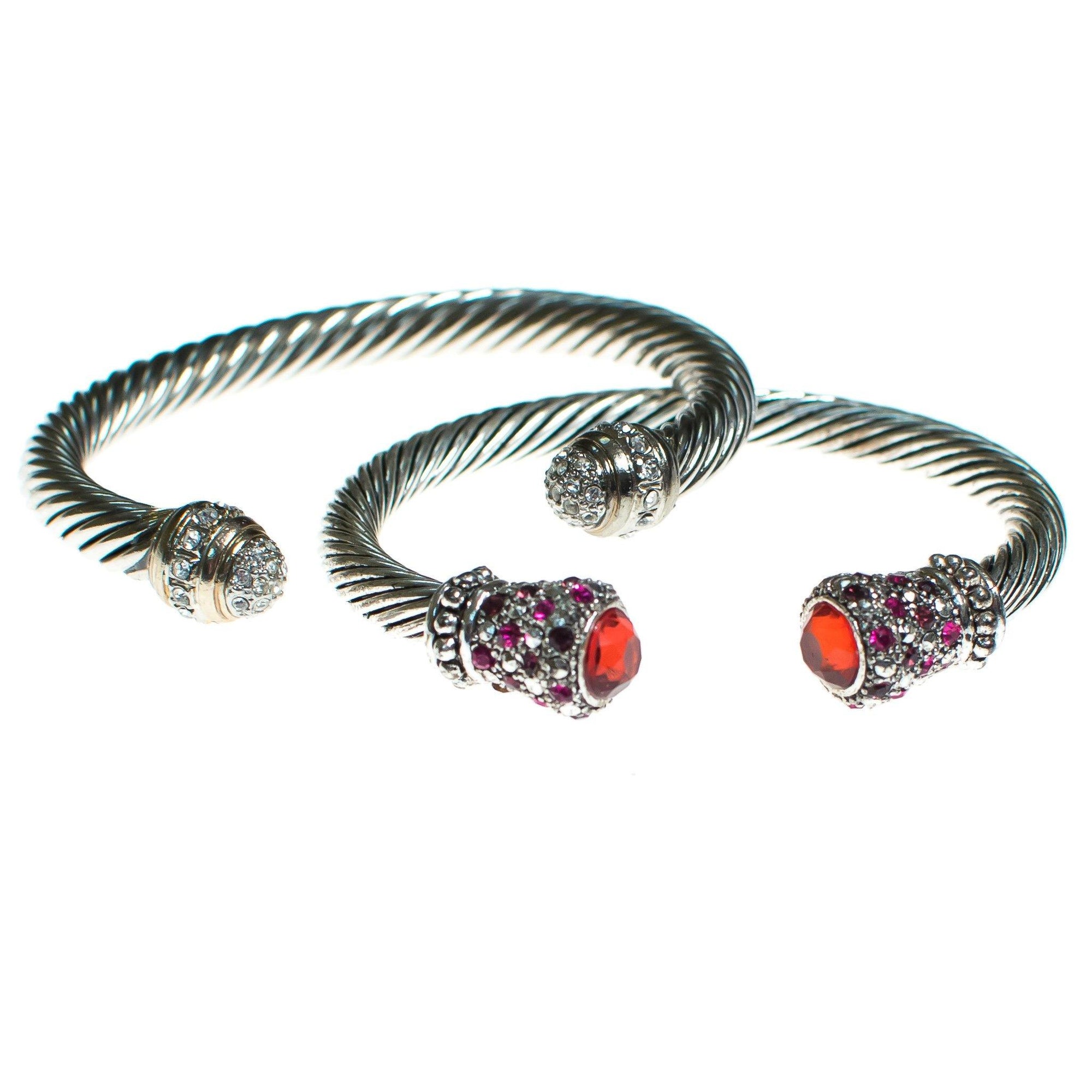 Vintage Silver Cable Cuff Bracelet with Orange Crystal Caps and Pink and Diamante Pave Rhinestone Accents by 1990s - Vintage Meet Modern Vintage Jewelry - Chicago, Illinois - #oldhollywoodglamour #vintagemeetmodern #designervintage #jewelrybox #antiquejewelry #vintagejewelry