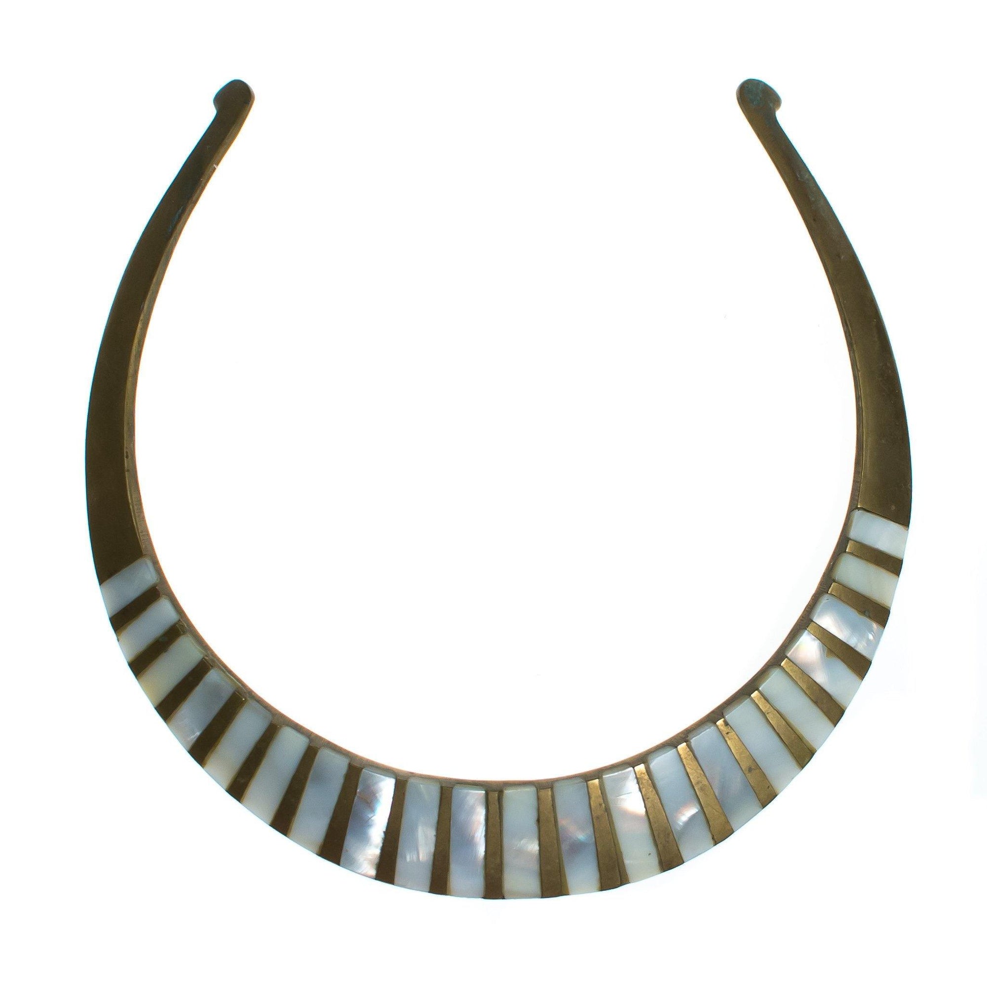 Vintage 1970s Made in India Boho Chic Brass Collar Necklace with Mother of Pearl Inlay by 1970s - Vintage Meet Modern Vintage Jewelry - Chicago, Illinois - #oldhollywoodglamour #vintagemeetmodern #designervintage #jewelrybox #antiquejewelry #vintagejewelry