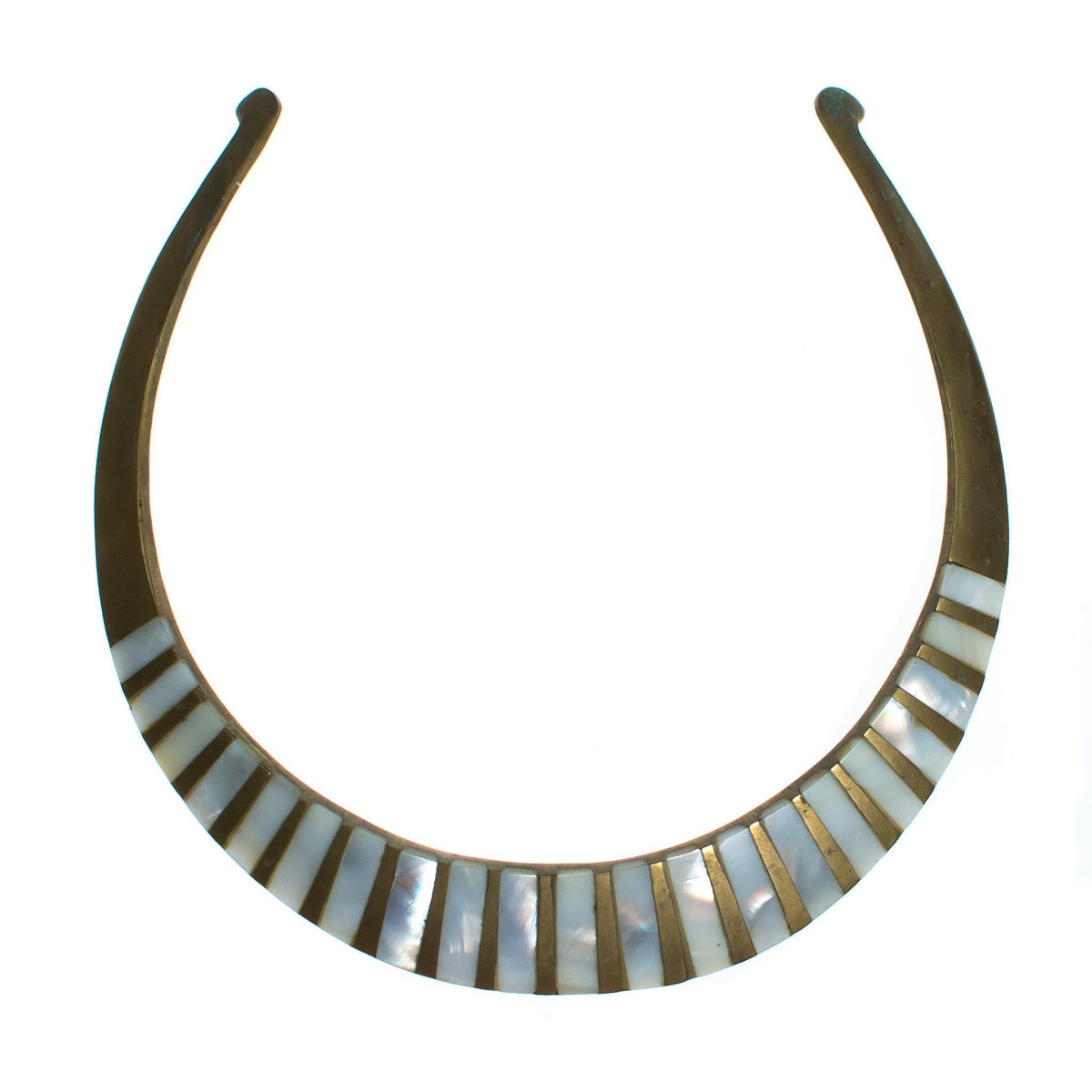 Vintage 1970s Made in India Boho Chic Brass Collar Necklace with Mother of Pearl Inlay