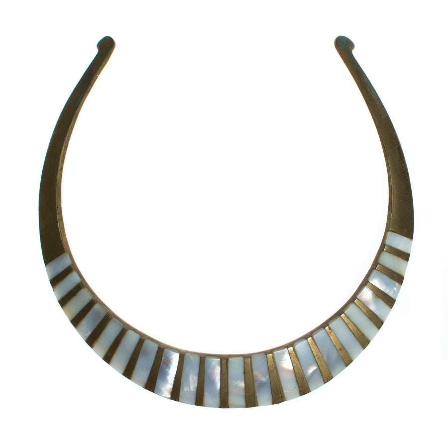 Vintage 1970s Made in India Boho Chic Brass Collar Necklace with Mother of Pearl Inlay by 1970s - Vintage Meet Modern Vintage Jewelry - Chicago, Illinois - #oldhollywoodglamour #vintagemeetmodern #designervintage #jewelrybox #antiquejewelry #vintagejewelry