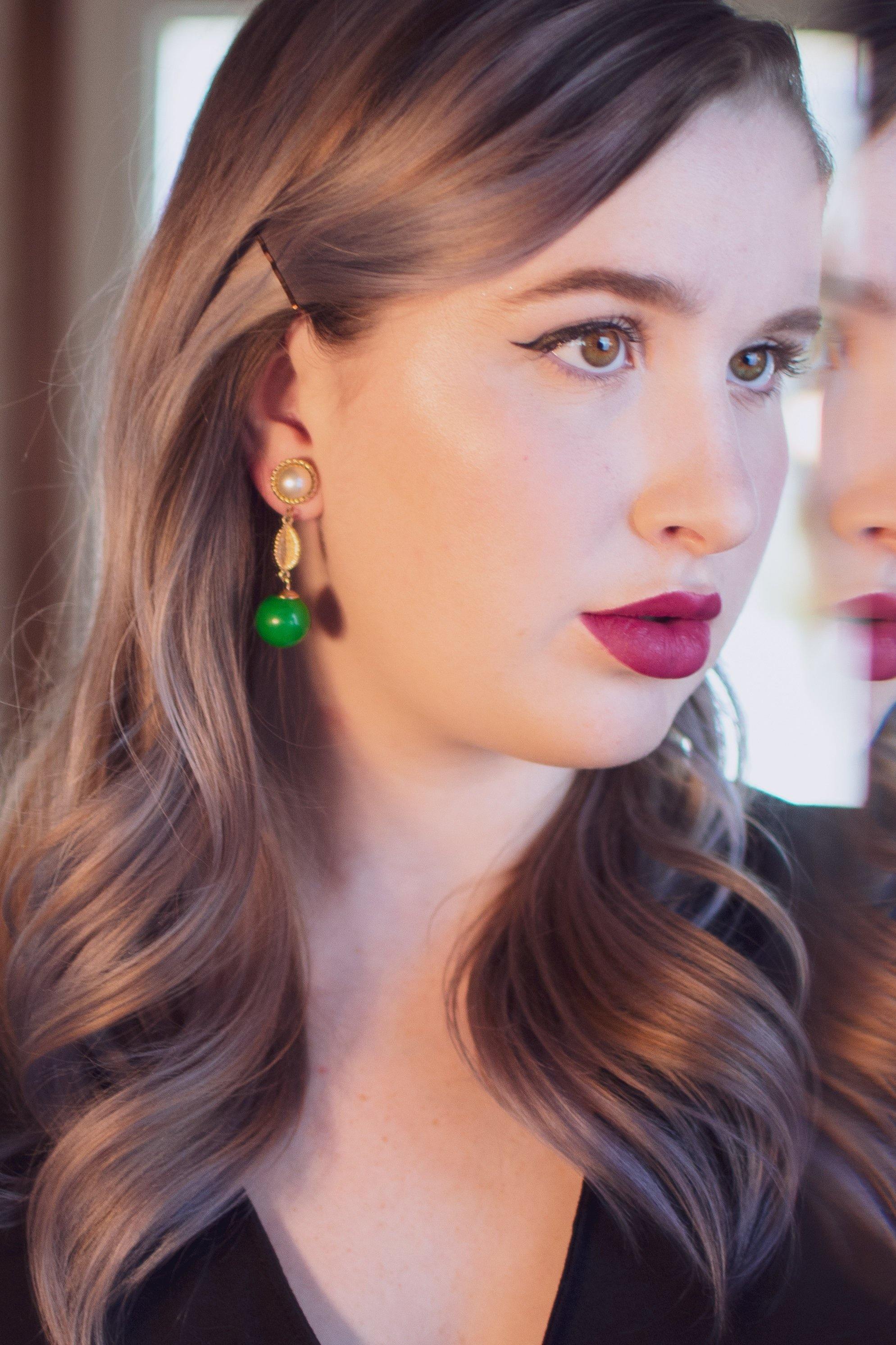 Vintage Pearl and Jade Lucite Bead Statement Earrings by 1950s - Vintage Meet Modern Vintage Jewelry - Chicago, Illinois - #oldhollywoodglamour #vintagemeetmodern #designervintage #jewelrybox #antiquejewelry #vintagejewelry