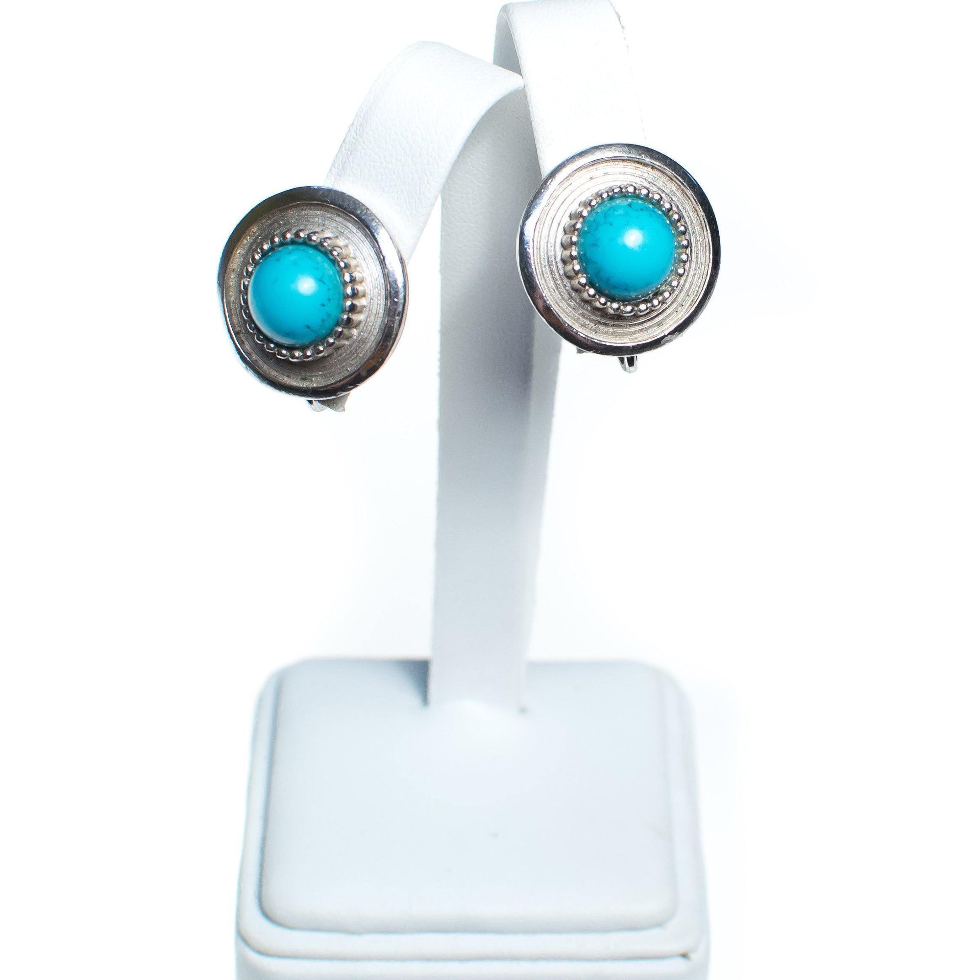 Vintage Crown Trifari Silver Earring Button Earrings with Turquoise Lucite Cabochon by Crown Trfari - Vintage Meet Modern Vintage Jewelry - Chicago, Illinois - #oldhollywoodglamour #vintagemeetmodern #designervintage #jewelrybox #antiquejewelry #vintagejewelry