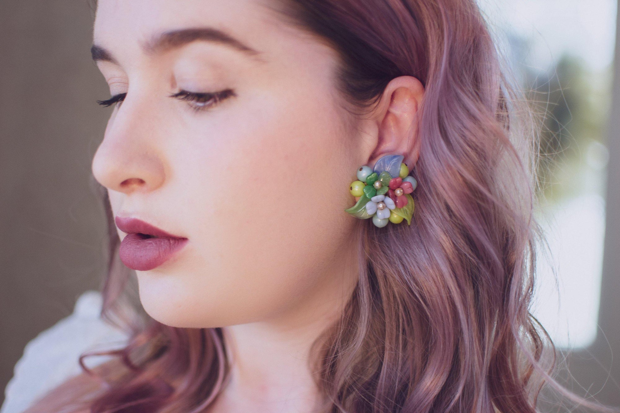 Vintage 1940s Pastel Pink Blue Yellow Green Glass Flower Earrings by 1940s - Vintage Meet Modern Vintage Jewelry - Chicago, Illinois - #oldhollywoodglamour #vintagemeetmodern #designervintage #jewelrybox #antiquejewelry #vintagejewelry