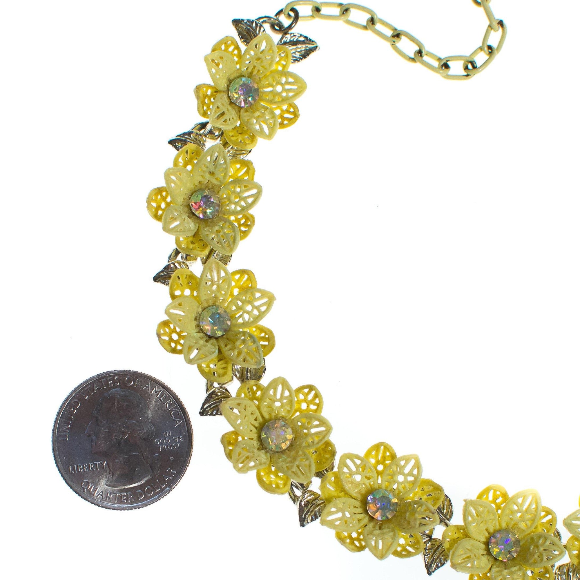 Vintage Yellow Flower Choker Necklace with Aurora Borealis Crystals by 1950s - Vintage Meet Modern Vintage Jewelry - Chicago, Illinois - #oldhollywoodglamour #vintagemeetmodern #designervintage #jewelrybox #antiquejewelry #vintagejewelry
