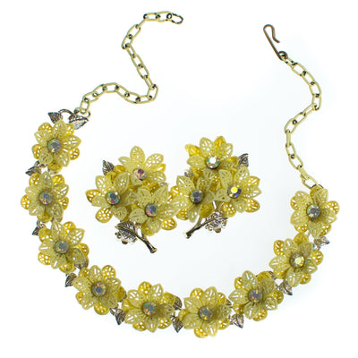 Vintage Yellow Flower Choker Necklace with Aurora Borealis Crystals by 1950s - Vintage Meet Modern Vintage Jewelry - Chicago, Illinois - #oldhollywoodglamour #vintagemeetmodern #designervintage #jewelrybox #antiquejewelry #vintagejewelry