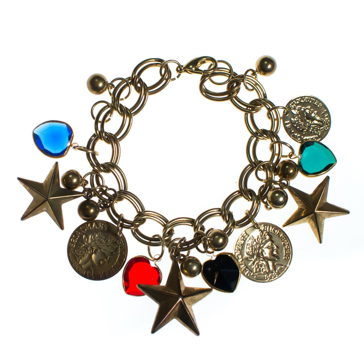 Vintage Mid Century Modern Chunky Charm Bracelet with Stars, Coins, Blue, Green, and Red Crystal Hearts