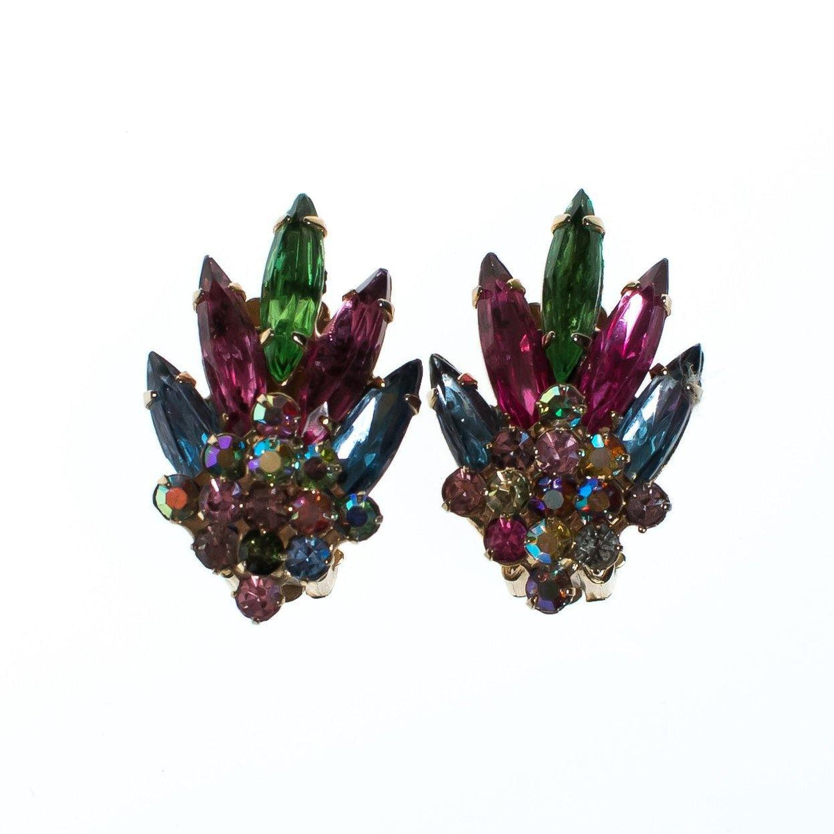 Vintage Made in Austria Pink Blue and Green Rhinestone Statement Earrings