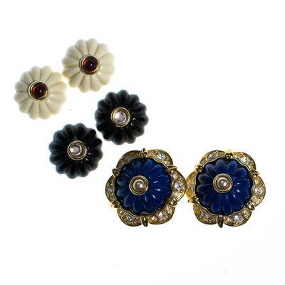 Vintage Joan Rivers Earrings, Blue, Black, and White Interchangeable Lucite, Diamante Crystals, Gold Tone Setting, Clip-on by Joan Rivers - Vintage Meet Modern Vintage Jewelry - Chicago, Illinois - #oldhollywoodglamour #vintagemeetmodern #designervintage #jewelrybox #antiquejewelry #vintagejewelry