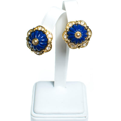 Vintage Joan Rivers Earrings, Blue, Black, and White Interchangeable Lucite, Diamante Crystals, Gold Tone Setting, Clip-on by Joan Rivers - Vintage Meet Modern Vintage Jewelry - Chicago, Illinois - #oldhollywoodglamour #vintagemeetmodern #designervintage #jewelrybox #antiquejewelry #vintagejewelry