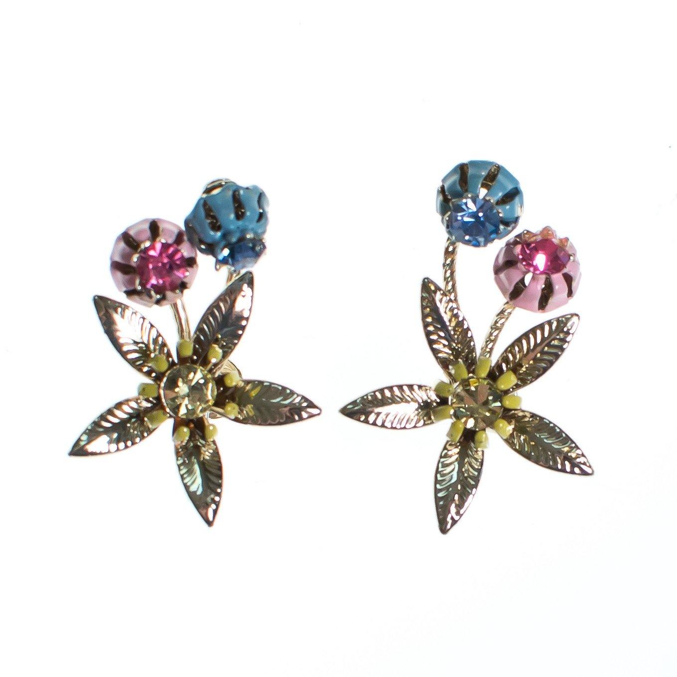 Vintage Pink Blue and Gold Flower Earrings by 1950s - Vintage Meet Modern Vintage Jewelry - Chicago, Illinois - #oldhollywoodglamour #vintagemeetmodern #designervintage #jewelrybox #antiquejewelry #vintagejewelry