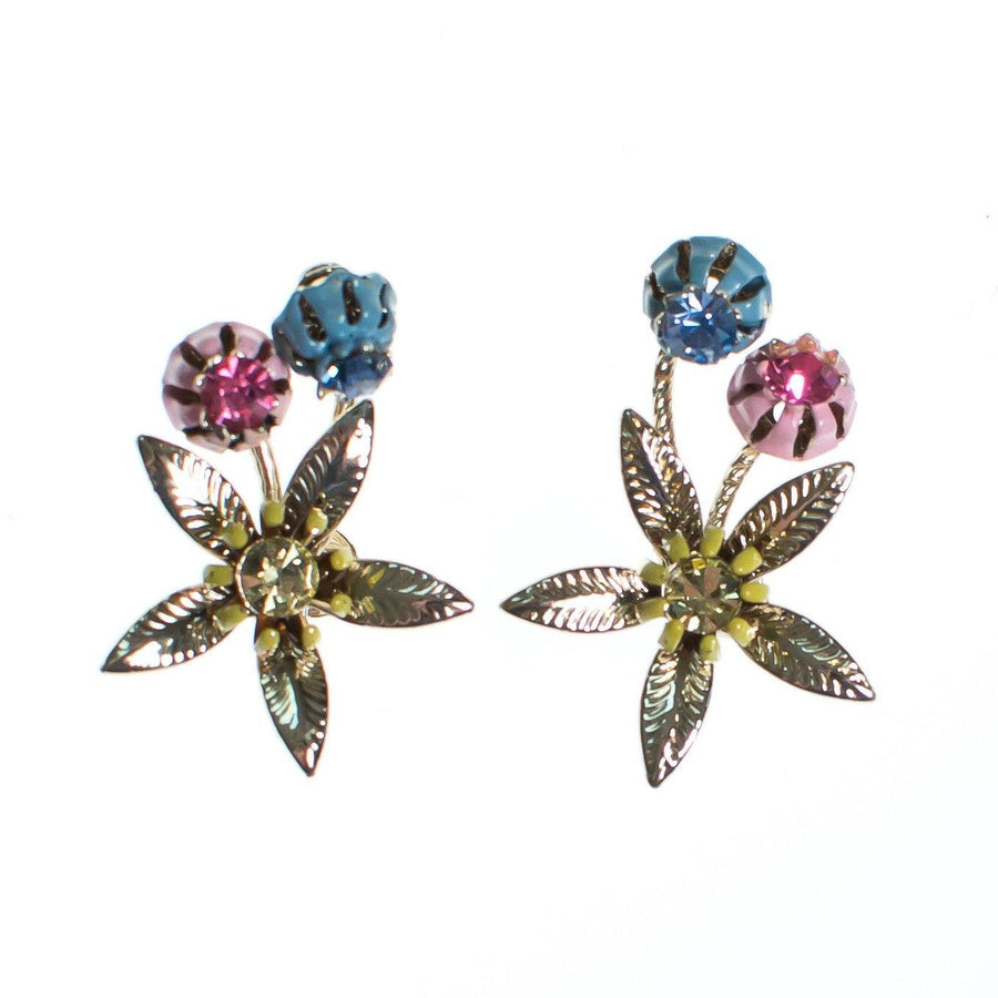 Vintage Pink Blue and Gold Flower Earrings by 1950s - Vintage Meet Modern Vintage Jewelry - Chicago, Illinois - #oldhollywoodglamour #vintagemeetmodern #designervintage #jewelrybox #antiquejewelry #vintagejewelry