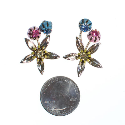 Vintage Pink Blue and Gold Flower Earrings by 1950s - Vintage Meet Modern Vintage Jewelry - Chicago, Illinois - #oldhollywoodglamour #vintagemeetmodern #designervintage #jewelrybox #antiquejewelry #vintagejewelry