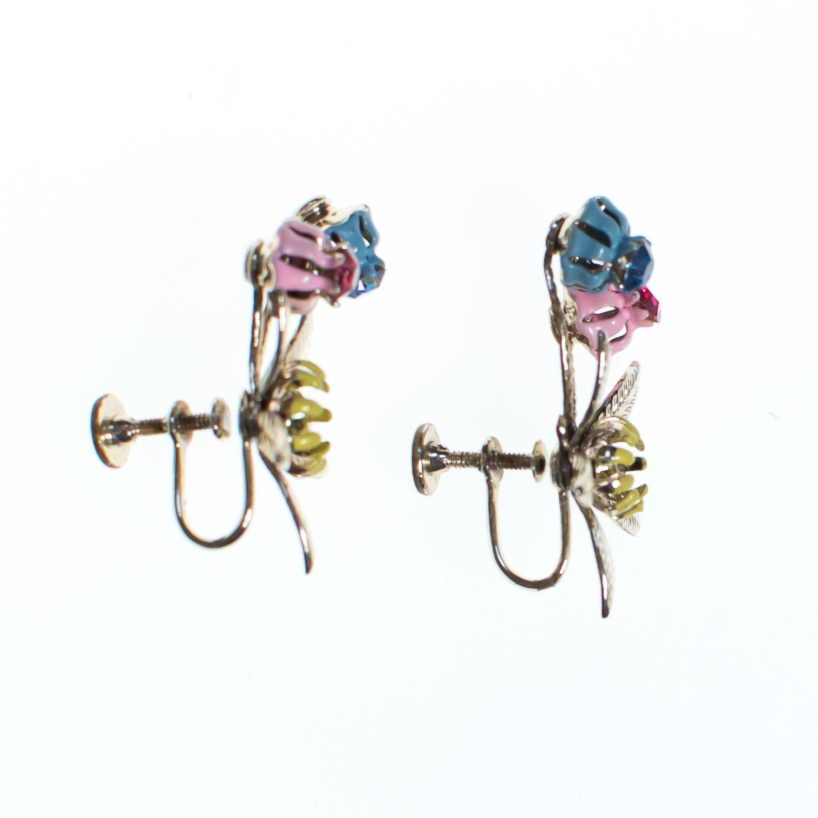Vintage Pink Blue and Gold Flower Earrings by 1950s - Vintage Meet Modern Vintage Jewelry - Chicago, Illinois - #oldhollywoodglamour #vintagemeetmodern #designervintage #jewelrybox #antiquejewelry #vintagejewelry