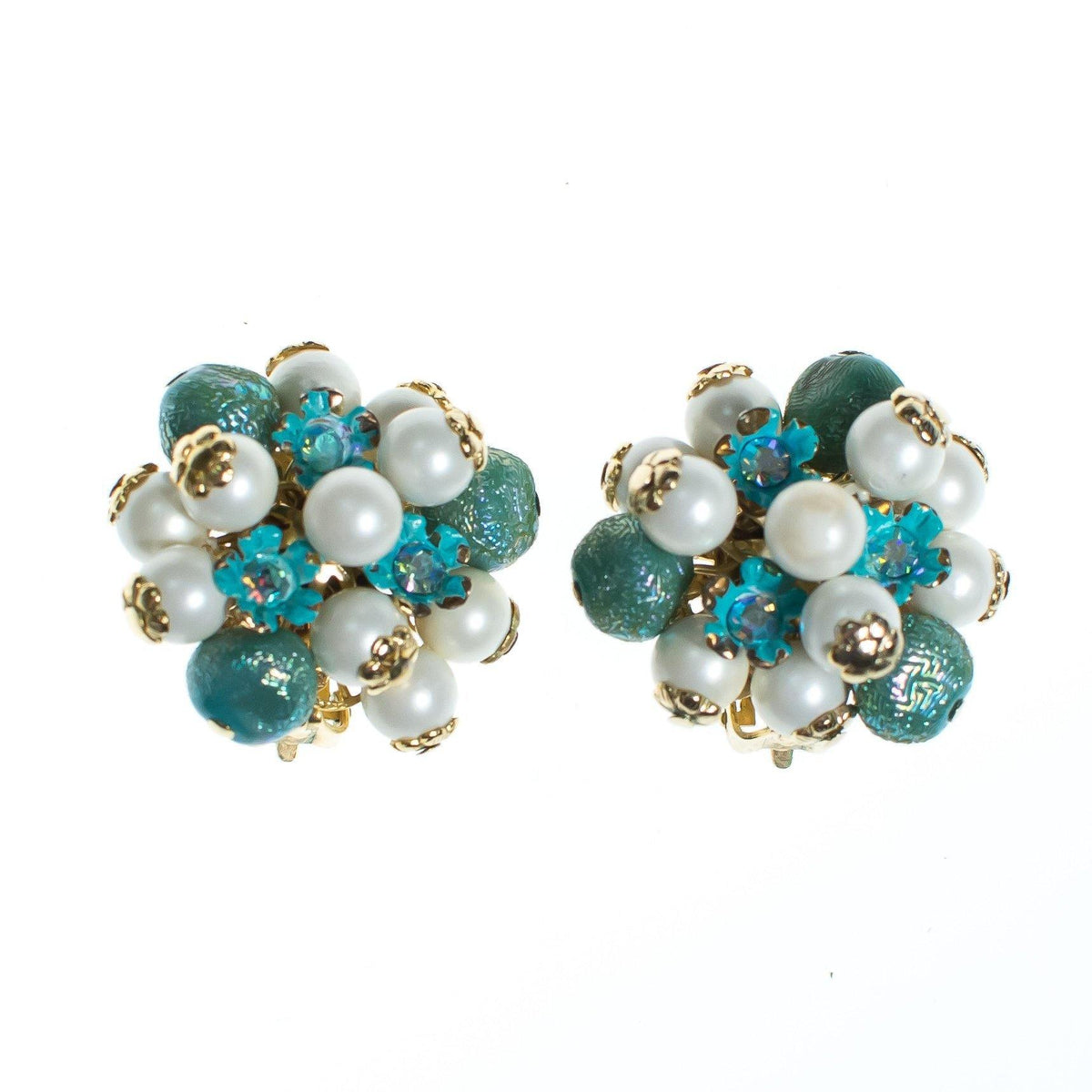 Vintage 1950s Turquoise and Pearl Cluster Statement Earrings