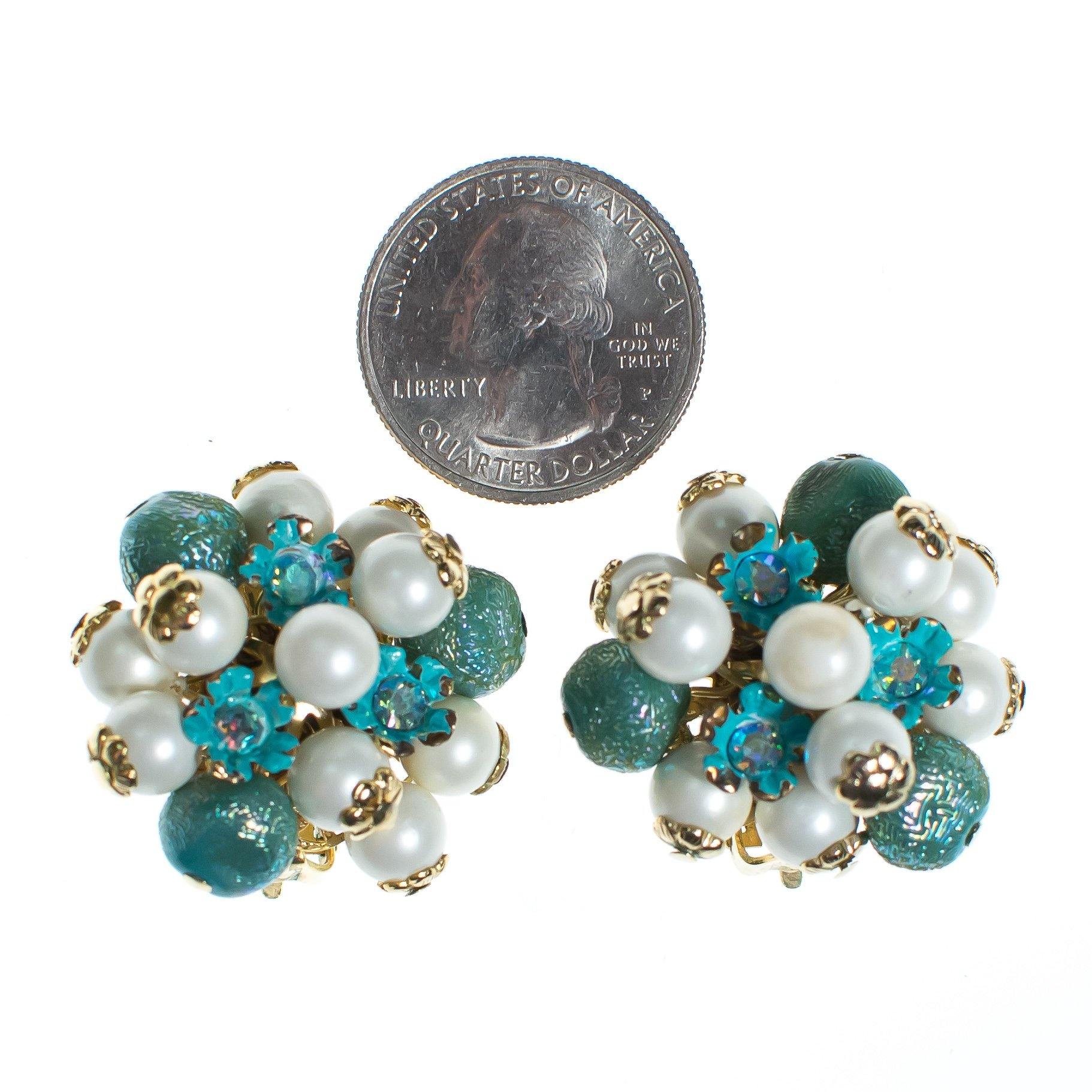 Vintage 1950s Turquoise and Pearl Cluster Statement Earrings by 1950s - Vintage Meet Modern Vintage Jewelry - Chicago, Illinois - #oldhollywoodglamour #vintagemeetmodern #designervintage #jewelrybox #antiquejewelry #vintagejewelry