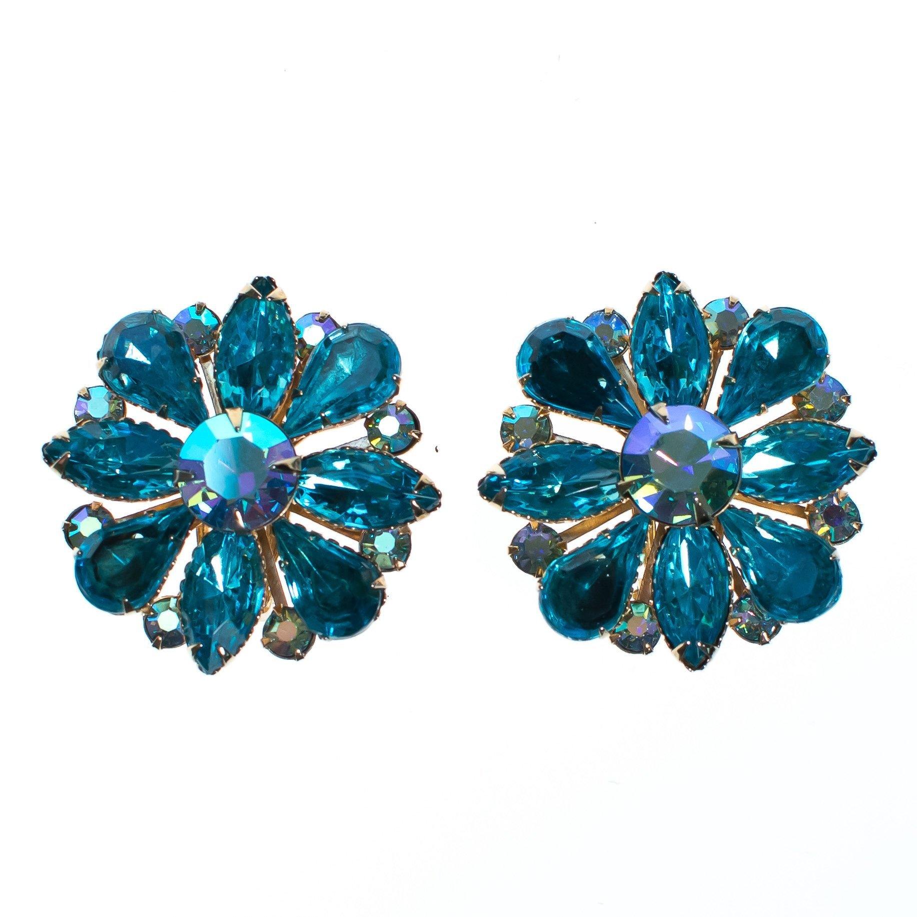Vintage Judy Lee Aqua Blue Crystal Rhinestone Statement Earrings by 1950s - Vintage Meet Modern Vintage Jewelry - Chicago, Illinois - #oldhollywoodglamour #vintagemeetmodern #designervintage #jewelrybox #antiquejewelry #vintagejewelry