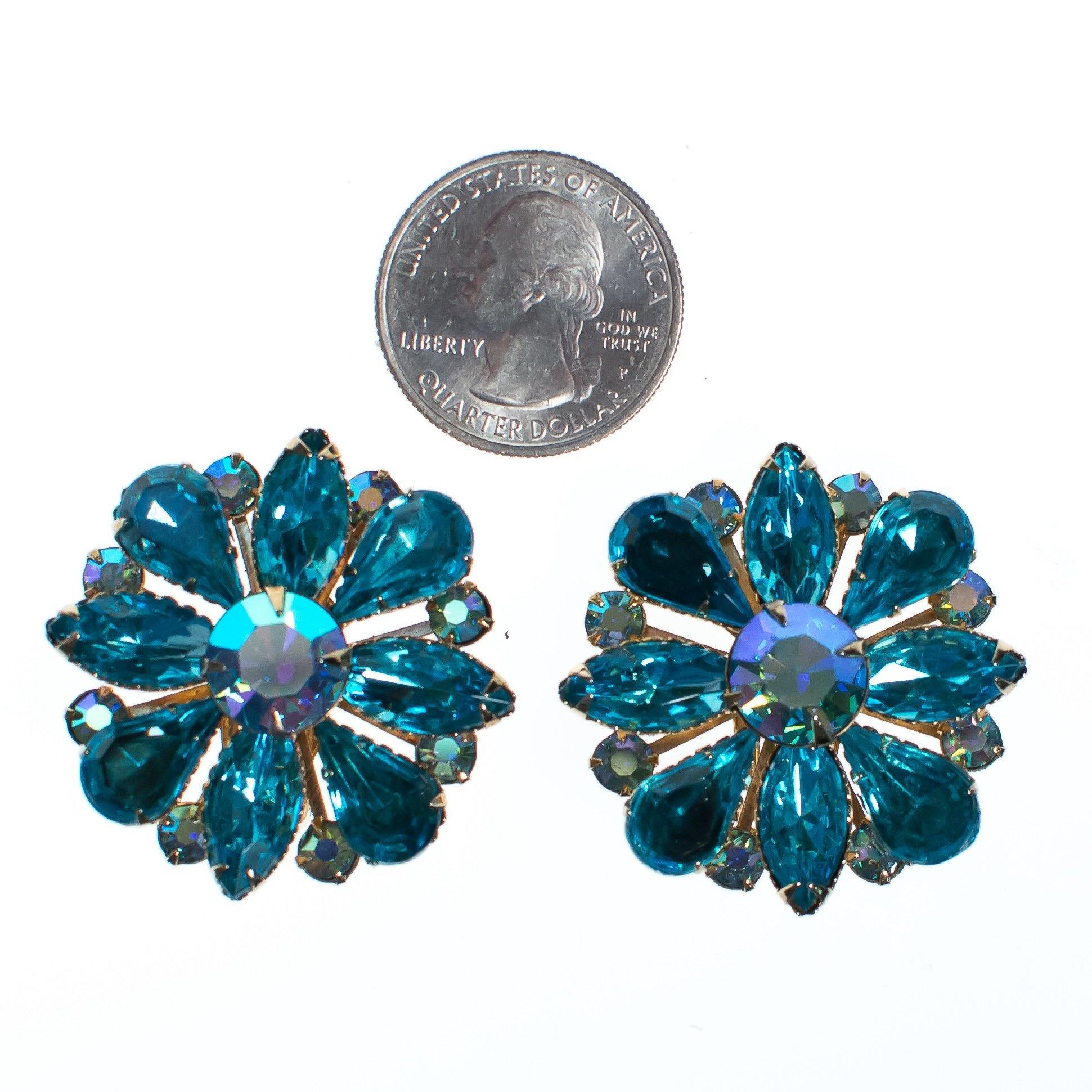 Vintage Judy Lee Aqua Blue Crystal Rhinestone Statement Earrings by 1950s - Vintage Meet Modern Vintage Jewelry - Chicago, Illinois - #oldhollywoodglamour #vintagemeetmodern #designervintage #jewelrybox #antiquejewelry #vintagejewelry