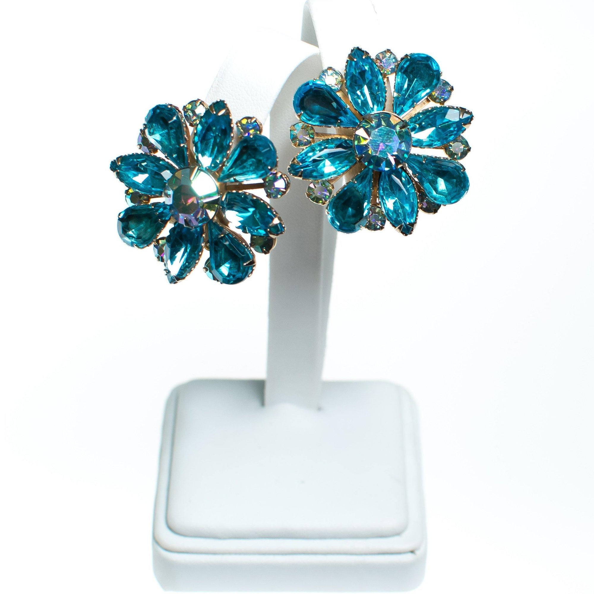 Vintage Judy Lee Aqua Blue Crystal Rhinestone Statement Earrings by 1950s - Vintage Meet Modern Vintage Jewelry - Chicago, Illinois - #oldhollywoodglamour #vintagemeetmodern #designervintage #jewelrybox #antiquejewelry #vintagejewelry