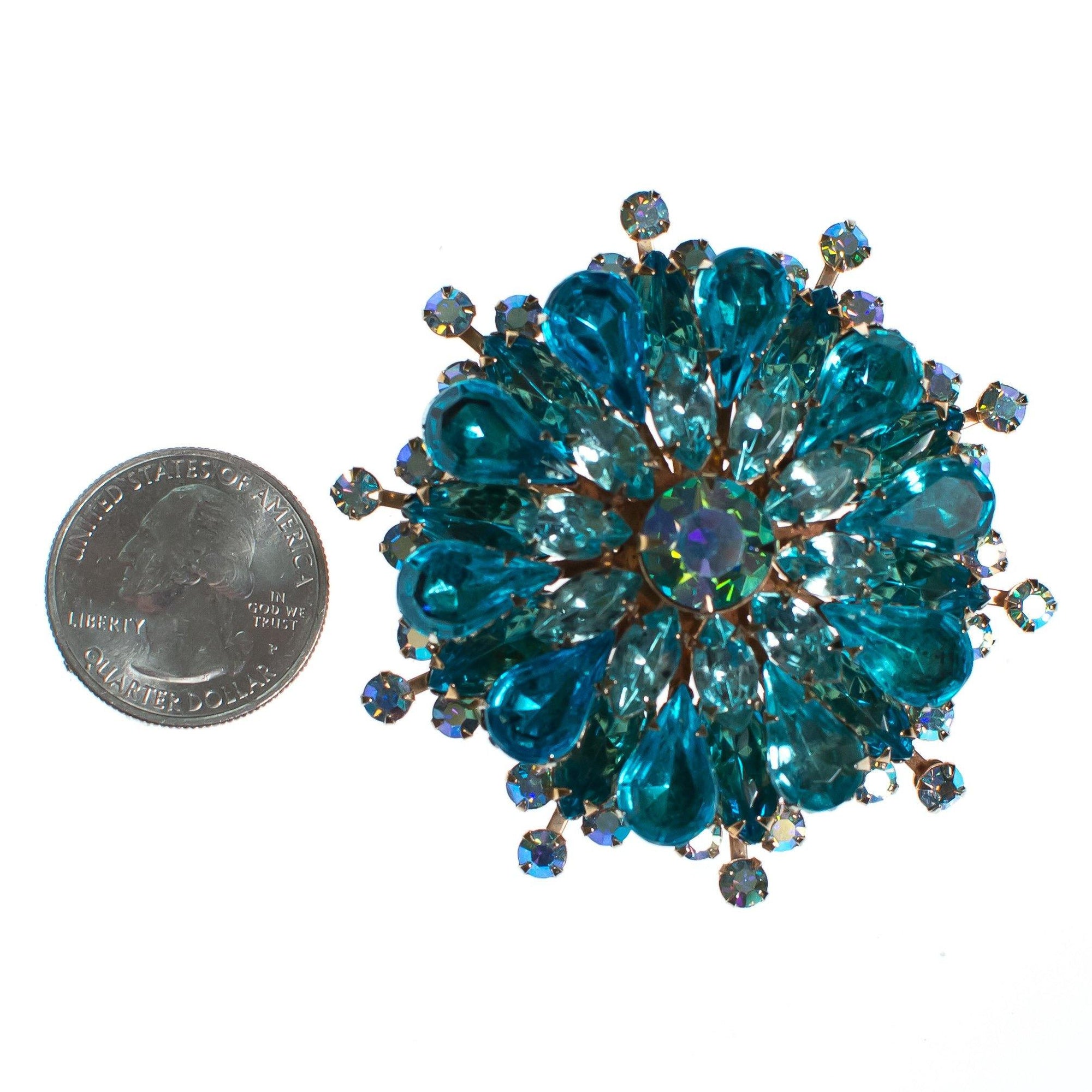Vintage Aqua Blue Medallion Rhinestone Brooch by 1950s - Vintage Meet Modern Vintage Jewelry - Chicago, Illinois - #oldhollywoodglamour #vintagemeetmodern #designervintage #jewelrybox #antiquejewelry #vintagejewelry
