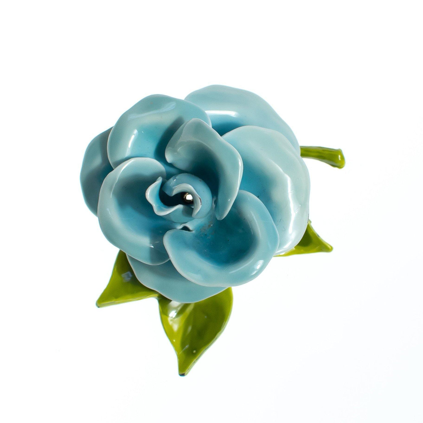 Vintage Blue Flower Enamel Brooch, Green Porcelain Leaves, Brooches and Pins