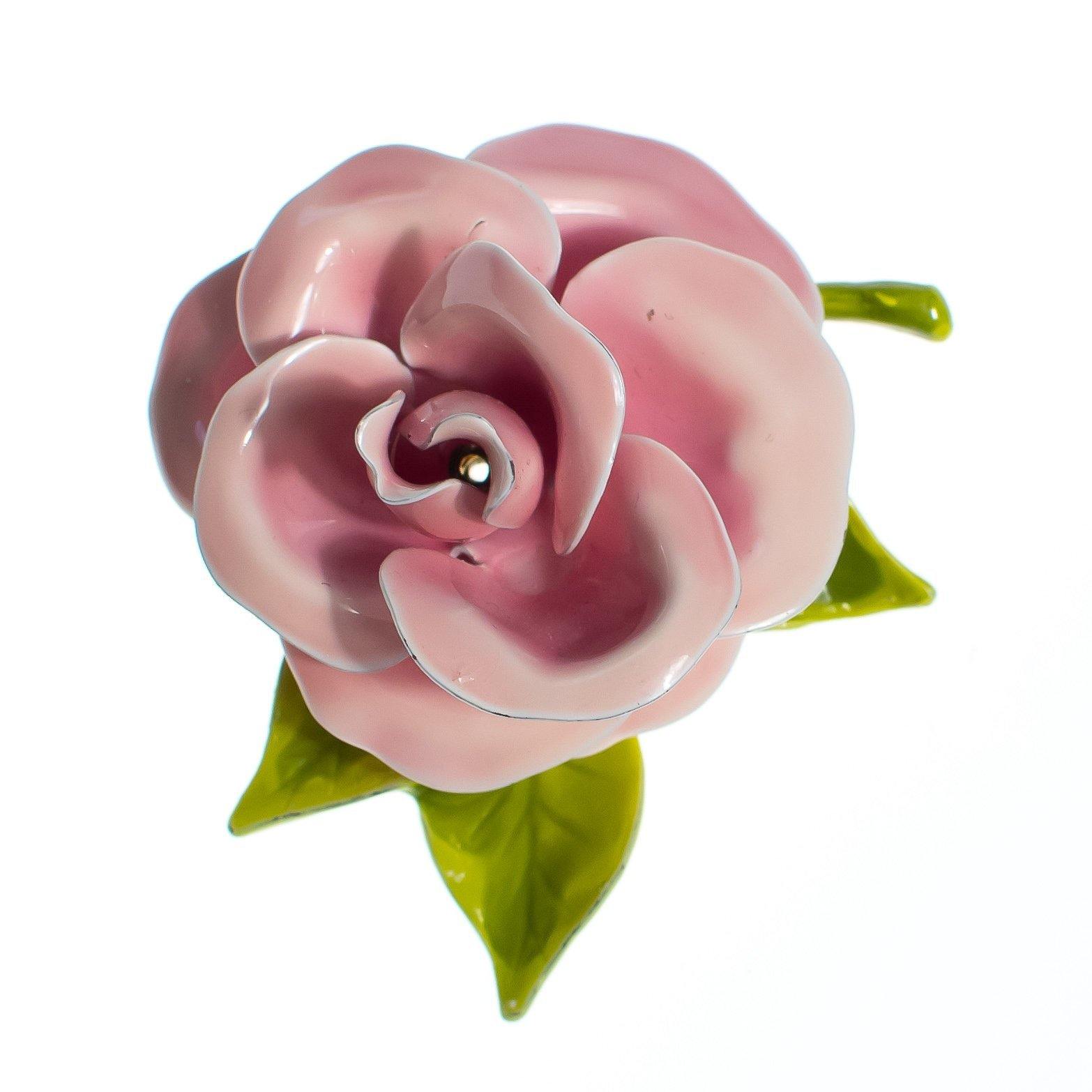 Vintage Pink Enamel Flower Brooch, Green Leaves, Brooches and Pins by 1950s - Vintage Meet Modern Vintage Jewelry - Chicago, Illinois - #oldhollywoodglamour #vintagemeetmodern #designervintage #jewelrybox #antiquejewelry #vintagejewelry