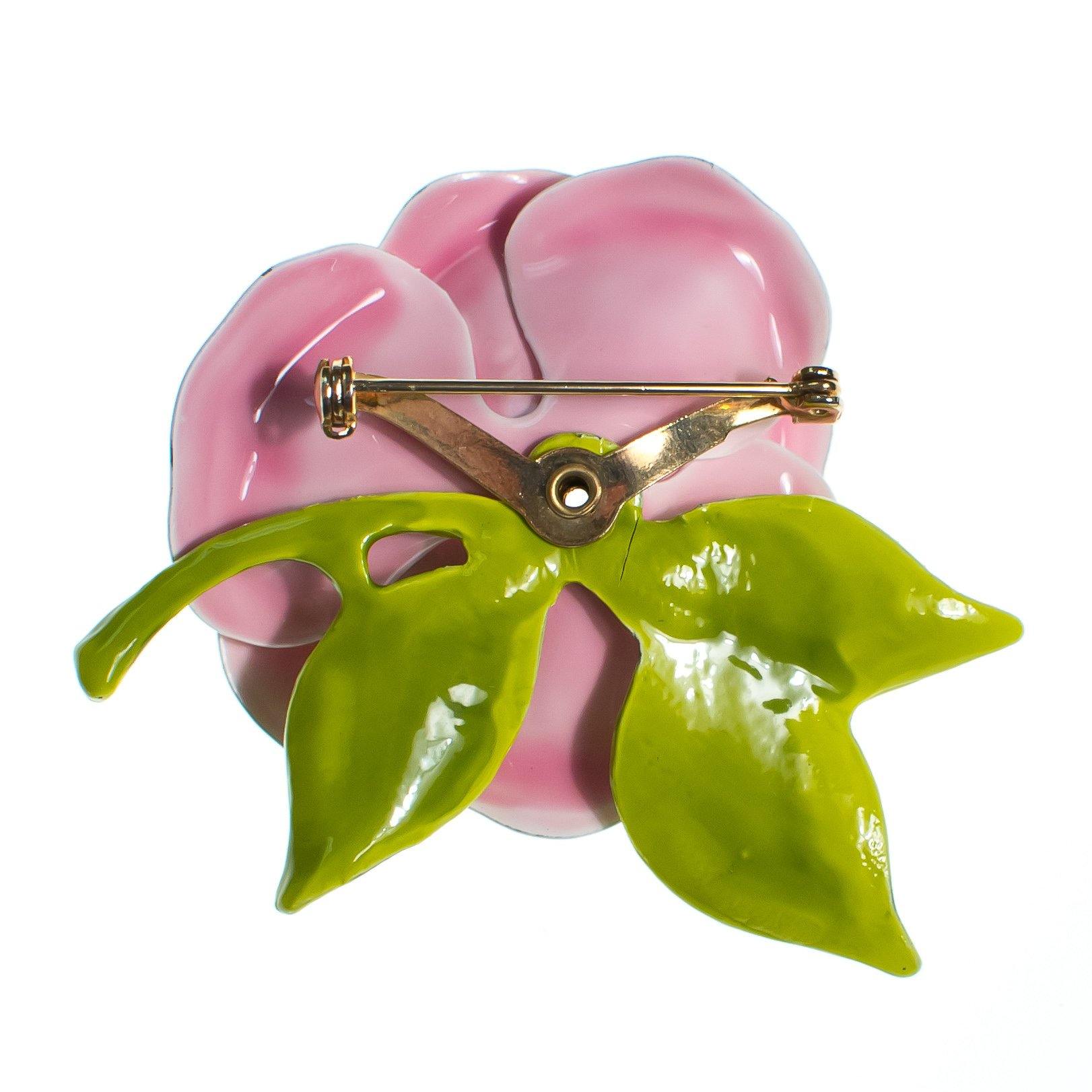 Vintage Pink Enamel Flower Brooch, Green Leaves, Brooches and Pins by 1950s - Vintage Meet Modern Vintage Jewelry - Chicago, Illinois - #oldhollywoodglamour #vintagemeetmodern #designervintage #jewelrybox #antiquejewelry #vintagejewelry