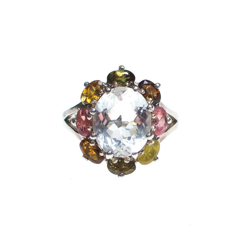 Vintage 1980s White Sapphire and Colorful Tournaline Sterling Silver Ring
