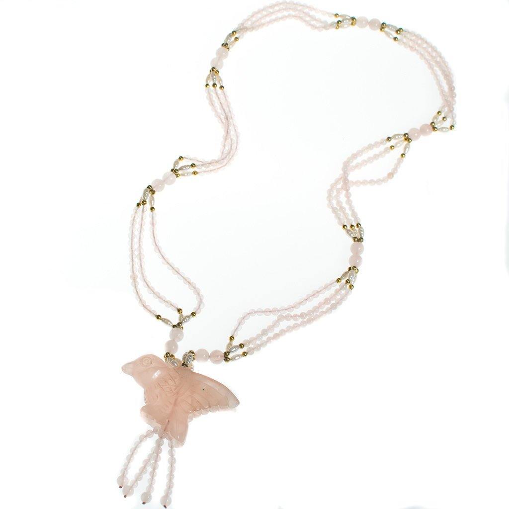Vintage Genuine Rose Quartz Beaded Necklace with Carved Rose Quartz Bird