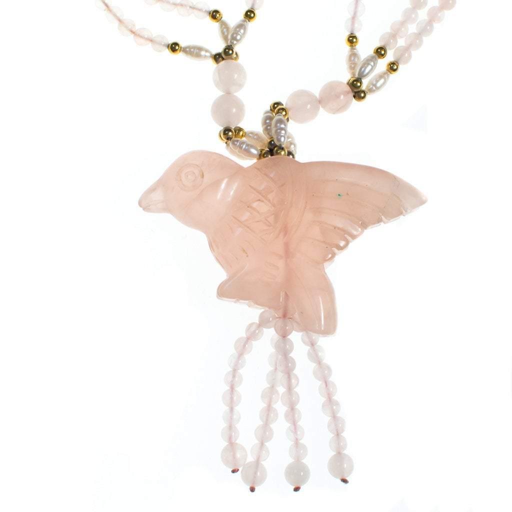 Vintage Genuine Rose Quartz Beaded Necklace with Carved Rose Quartz Bird by Rose Quartz - Vintage Meet Modern Vintage Jewelry - Chicago, Illinois - #oldhollywoodglamour #vintagemeetmodern #designervintage #jewelrybox #antiquejewelry #vintagejewelry