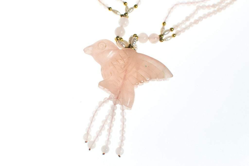 Vintage Genuine Rose Quartz Beaded Necklace with Carved Rose Quartz Bird by Rose Quartz - Vintage Meet Modern Vintage Jewelry - Chicago, Illinois - #oldhollywoodglamour #vintagemeetmodern #designervintage #jewelrybox #antiquejewelry #vintagejewelry