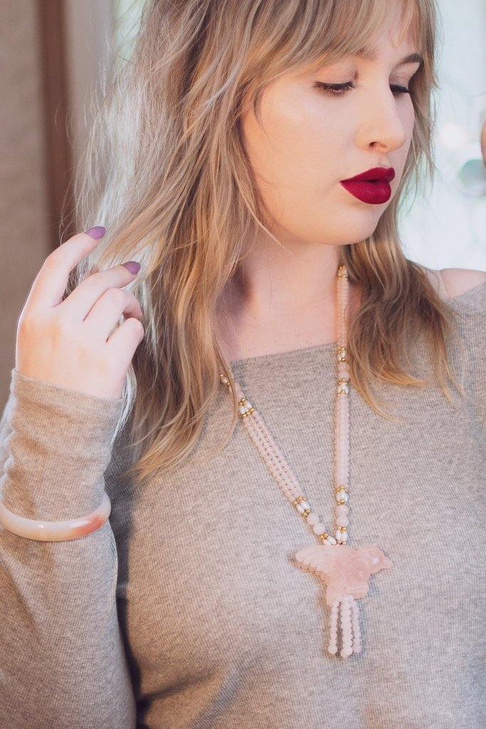 Vintage Genuine Rose Quartz Beaded Necklace with Carved Rose Quartz Bird by Rose Quartz - Vintage Meet Modern Vintage Jewelry - Chicago, Illinois - #oldhollywoodglamour #vintagemeetmodern #designervintage #jewelrybox #antiquejewelry #vintagejewelry