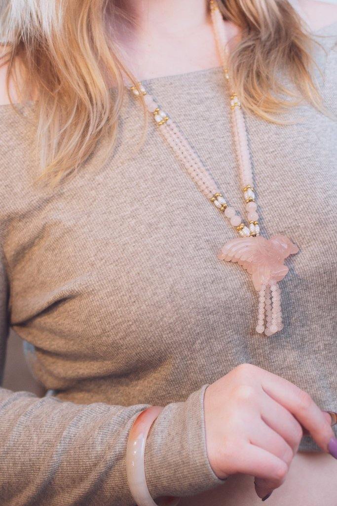 Vintage Genuine Rose Quartz Beaded Necklace with Carved Rose Quartz Bird by Rose Quartz - Vintage Meet Modern Vintage Jewelry - Chicago, Illinois - #oldhollywoodglamour #vintagemeetmodern #designervintage #jewelrybox #antiquejewelry #vintagejewelry